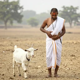 a brahmin from India, standing on a ground, scratching his belly while walking his goat