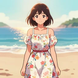 girl wearing a floral dress at the beach. pixel art, limited palette, by award - winning mangaka, backlighting.