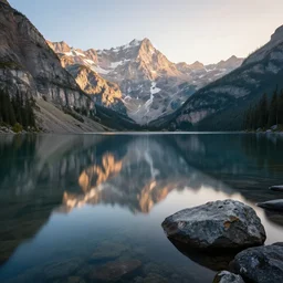 professional photography of beautiful calm lake, reflection mountains in background in lake, volumetric soft light, rocks in lake, highly detailed, super realistic, art by greg rutsoswki