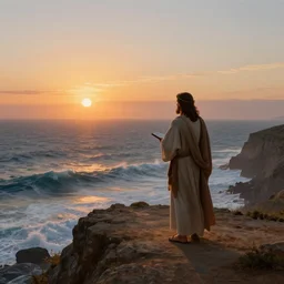 a stunning matte landscape painting of jesus of nazareth preaching a sermon on a cliff, facing away from the camera watching the sunrise over the ocean, turbulent ocean in the background, sunrise, intricate, elegant, highly detailed, artstation, ultra sharp focus, octane render, volumetric lighting, art by greg rutkowski and rembrandt