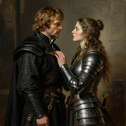 attractive fully clothed jaime lannister confesses his love for attractive fully armored brienne of tarth. highly detailed painting by gaston bussiere and j. c. leyendecker 8 k