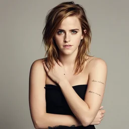 Photo of Emma Watson with lots of tattoos, soft studio lighting, photo taken by Martin Schoeller for Abercrombie and Fitch, award-winning photo, 24mm f/1.4