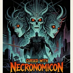 cursed with necronomicon horrorcore cel animation poster depicting i don't know, intricate faces, metropolis, 1 9 5 0 s movie poster, post - processing, vector art