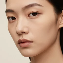 close up of face of female fashion model, minimalistic style, beige colors, official jil sander editorial, highly detailed