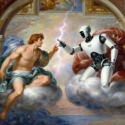 robot touching a human on a cloud, lightning coming from their fingers, classical painting in the sistine chapel