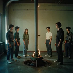 8 k film still, medium size room with figure film still 1 9 9 2 industrial neon water mold rot