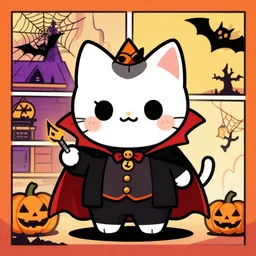 a cute cartoon cat dressed as dracula for halloween, comic book style