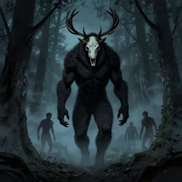 rafeal albuquerque comic art, joshua middleton, tim jacobus, artgerm : : wendigo monster with deer skull face, antlers, furry body, tall and lanky : : walking through the forest : : night time : : spooky, scary, fog