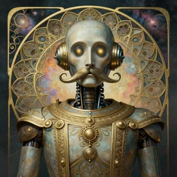 1 8 0 0 s r 2 d 2 robot, large metal mustache, muted colors, benevolent, nebula background, glowing eyes, detailed realistic surreal retro robot in full regal attire. face portrait. art nouveau, visionary, baroque, giant fractal details. vertical symmetry by zdzisław beksinski, alphonse mucha. highly detailed, realistic