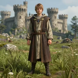 detailed boy standing in a grass field with a castle in the background, dressed in robes, facing the camera, unreal engine 5 rendered, incredibly highly detailed and realistic, 8 k, sharp focus, studio quality