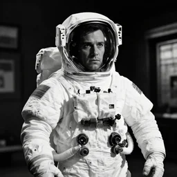 a noir detective astronaut, black and white cinema, cinematic composition