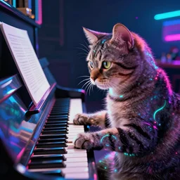 cat [ playing a piano ], [ synthwave art style ]!!, trending on cgsociety, neon art style, [ bioluminescent colors ]!!