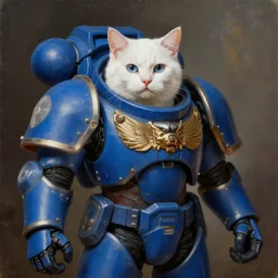 a portrait of a white cat as a Space Marine from the Warhammer 40k, ultramarine space marine cat, blue space marine armor, glorious, masterpiece painting by Rembrandt