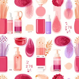 arious spa day supplies, pamper, vector art, detailed, repeating, seamless, tileable, colors are pantone 2 7 6 c and raspberry and orange and pantone glowing purple and muted red, rebecca alred or melissa sixma or ingrid johnson or paige spearin or avantika subramanian or peter mohrbacher or boris vallejo or jessica rossier