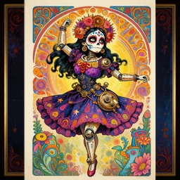 realistic detailed psychedelic poster art of a cute steampunk android fractal Día de los Muertos girl dancing by Victor Moscoso Rick Griffin Alphonse Mucha Ayami Kojima Amano Charlie Bowater, masterpiece