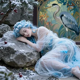 dryad asleep in a zen rock garden, by Peter Kemp, ice blue, glamorous hairstyle, frost clings to her skin, wearing translucent white and ice blue transparent fashion, lost in the moment, winter, art nouveau by Brian Froud, berries, a heron, evergreen branches,  by Alphonse Mucha, cinematic cold light