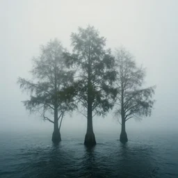 3 trees on the sea, hazy, foggy, atmospheric perspective, volumetric fog, cinematic, 35mm lens, anamorphic lens flare, photographic, octane render, cinematography by roger deakins, in the style of ansel adams, low details,