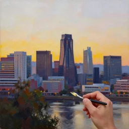 palette knife oil painting of portland oregon skyline at sunrise