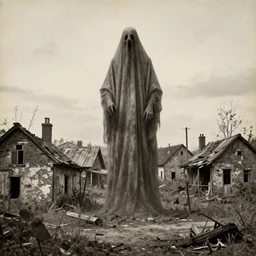 scary unproportionable tall ghost creature in the middle of an abandoned village, 1900s picture