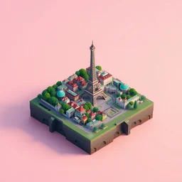 isometric diorama full view of small island of paris block city on a pastel gradient background, ultra detailed, hd textures, sharp focus, volumetric light, depht of field, by filip hodas, featured on polycount, cubo - futurism, colorful, voxel art, diorama, cityscape, octane render, no crop!!!