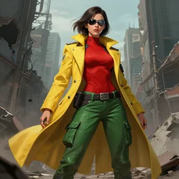character desingn beautiful female cybersoldier wearing a monocle, red top, green cargo pants, long tailored yellow coat in a ruined city, perfect face, by artgerm, jparked, tyler edlin, artstation, intricated, detailed, octane rendered, cinematic lighting, greg rutkowski, action pose