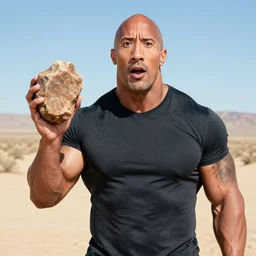 dwayne johnson showing a rock to the photograph, surprised, expressive, 4 k, desert in background