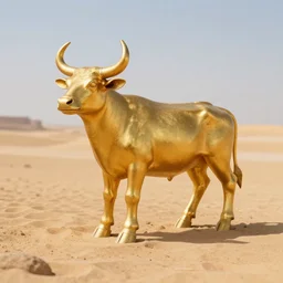a realistic detailed photo of a golden calf, shiny gold, a statue, golden idol in the middle of the desert. egypt. amazing photo