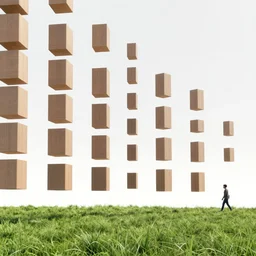 tall boxes falling out of space side - by - side, pixel sorting, objects levitating, person walking thru grass, rows of stelae in the background, zdzislaw beksinski
