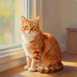 painting of orange cat with white stripes in a room, with a window shining light into the room, magic hour