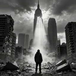 god rays illuminating a homeless man in a destroyed city, nuclear explosion, 8 0 0 mm, cinematic, award winning, cloudy sky, sharp focus, black and white, skyscraper, nuclear fallout