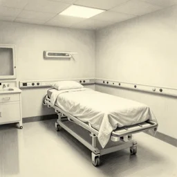 well-detailed interior of a hospital morgue, pencil render hyper-realistic