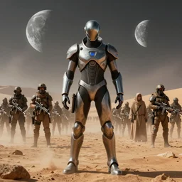 muad'dib in a advanced still suit designed by northrop grumman hr giger tom ford moebius and yasushi nirasawa, wide angle, photorealistic, hdr, 8 k, octane render, the moons in background, desert land, mist, a horde of fremen in military gear and weaponry, 4 k, vray, volumetric lighting