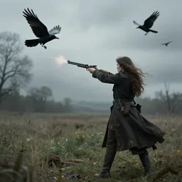 pastoral eerie. a woman with a gun is shooting ravens.