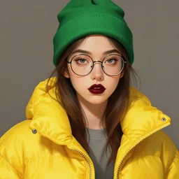 girl wearing a ( ( ( ( yellow bubble jacket ) ) ) ), green beanie, gray shirt, thick eyebrows, dark red lips, ( ( ( round eyeglasses ) ) ), highly detailed, digital painting, artstation, concept art, smooth, sharp focus, illustration, art by artgerm and greg rutkowski and alphonse mucha