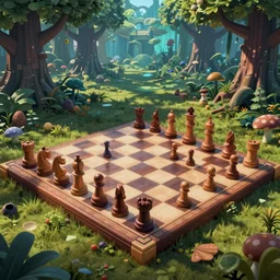 videogame still of epic 3D chessboard in the magic kingdom forest of trees style