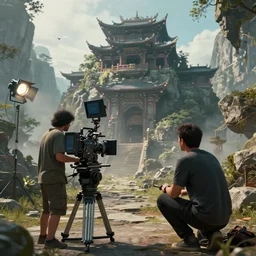 artstation scifi scene of mountain, chinese temple, make a film ， camera, director, actor, lighting props, dangweiya unreal engine 5, hyper realism, realistic shading, cinematic composition, blender render, octane render, hdr, detailed textures, photorealistic