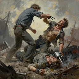 an extreme and powerful painting of a man beating the last machine to death in a post apocalyptic setting