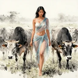 “A fantastic ink painting of a very well-built Asian woman in a translucent sarong herding cattle, the cows are grazing with their heads down, the weather is clear and foggy , Trending on artstation, very detailed”