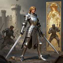 a woman dressed in armor and holding a sword in a castle siege, by krenz cushart and artem demura and alphonse mucha, polycount, fantasy art, polycount, zbrush