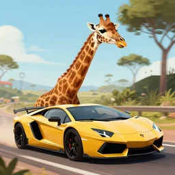 a giraffe driving a Lamborghini, digital art