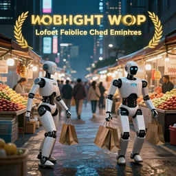 robots doing fast shopping in the market, cyberpunk city, photography, 4k, HD, detailed, night, award winning