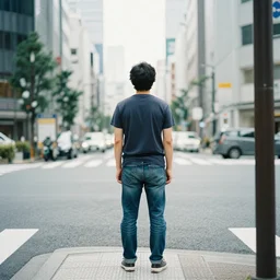photograph of a Japanese man in jeans and a t-shirt on a street corner, back view, professional photograph, cityscape, artistic, nostalgic