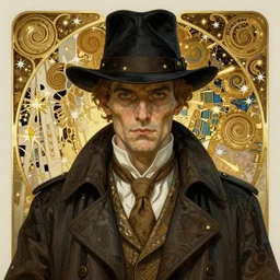 Realistic detailed dramatic symmetrical portrait of a Arkham Horror Ivestigiator, by Alphonse Mucha and Gustav Klimt, gilded details, spirals, comets, stars, Neo-gothic, gothic, Art Nouveau, retro science fiction cover by Kelly Freas (1965), vintage 1960 print, ornate medieval religious icon, long flowing hair spreading around her