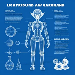 blueprint schematic poster of an elf android, educational scientific poster
