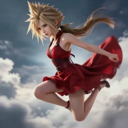 epic scene of very attractive final fantasy vii female character, detail face, lovely eyes and detailed lips, with amazing detail red dress, feet in high heels, side view ) ( fighting ) hyper realistic 3 d render, art station, particles, epic scene, mucha, clouds, seductive jump pose, blur focus, action,