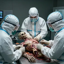 alien humanoid corpse being dissected by three humans, humans are wearing level 3 biological safety suits, security camera frame, low quality, creepy, 3D render