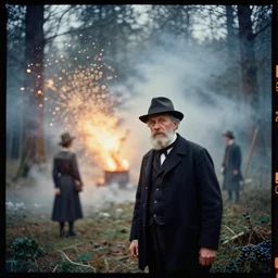 kodak portra 4 0 0, wetplate, muted colours, blueberry, 1 9 3 0 s style, motion blur, vivid portrait of an old forester in the woods by georges melies and by britt marling, explosions, rockets, bombs, sparkling, forest, lights, snow, haze, fog