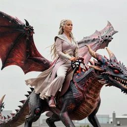 full-body photograph of Kim Kardashian as Daenerys Targaryen riding a dragon, XF IQ4, 150MP, 50mm, F1.4, ISO 200, 1/160s, natural light