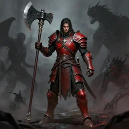 Concept art of a Warrior, wearing a mix of red and black leather and plate armor, wielding a giant axe, surrounded by shadowy creatures, epic fantasy, trending in artstation, artstationhq, artstation hd, gelbooru, matte painting, realism