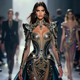 Adriana Lima wearing epic haute couture by Alexander McQueen, extremely beautiful and proportionate face, in the aesthetic of mert and marcus, masterpiece, intricate, elegant wardrobe, highly detailed, digital painting, artstation, concept art, crepuscular rays, smooth, sharp focus, illustration, neon cyberpunk colors, art by artgerm and james jean and greg rutkowski and alphonse mucha